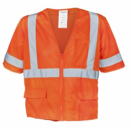 Polyester Mesh Safety Vest Class 3 W/ Zipper & 6 Pockets (Orange/2X-Large)